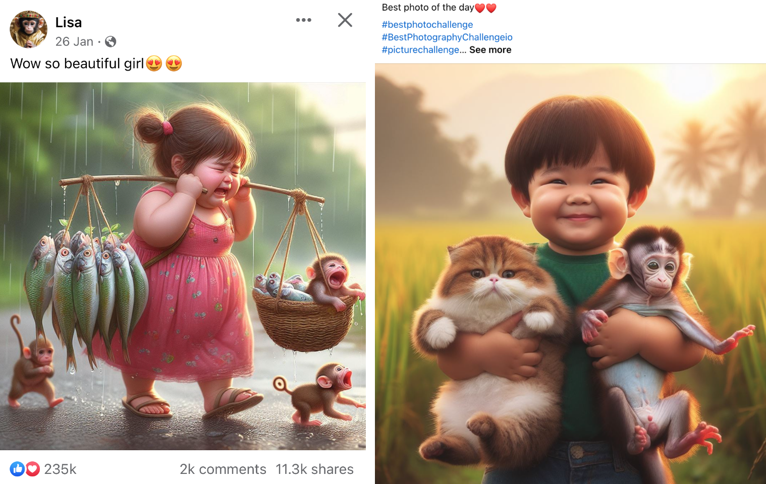 A girl crying holding some fish and monkeys in a basket, and a kid holding a cat and a monkey