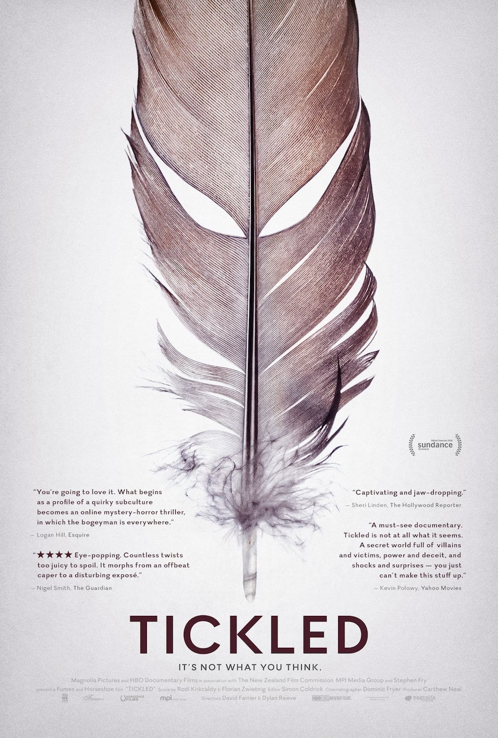 The Tickled poster from HBO showing an "evil" feather
