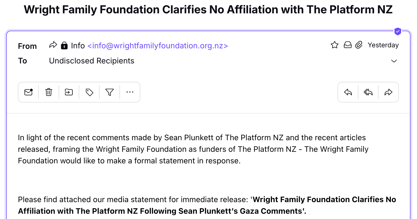 “Wright Family Foundation Clarifies No Affiliation with The Platform NZ Following Sean Plunkett’s Gaza Comments.”