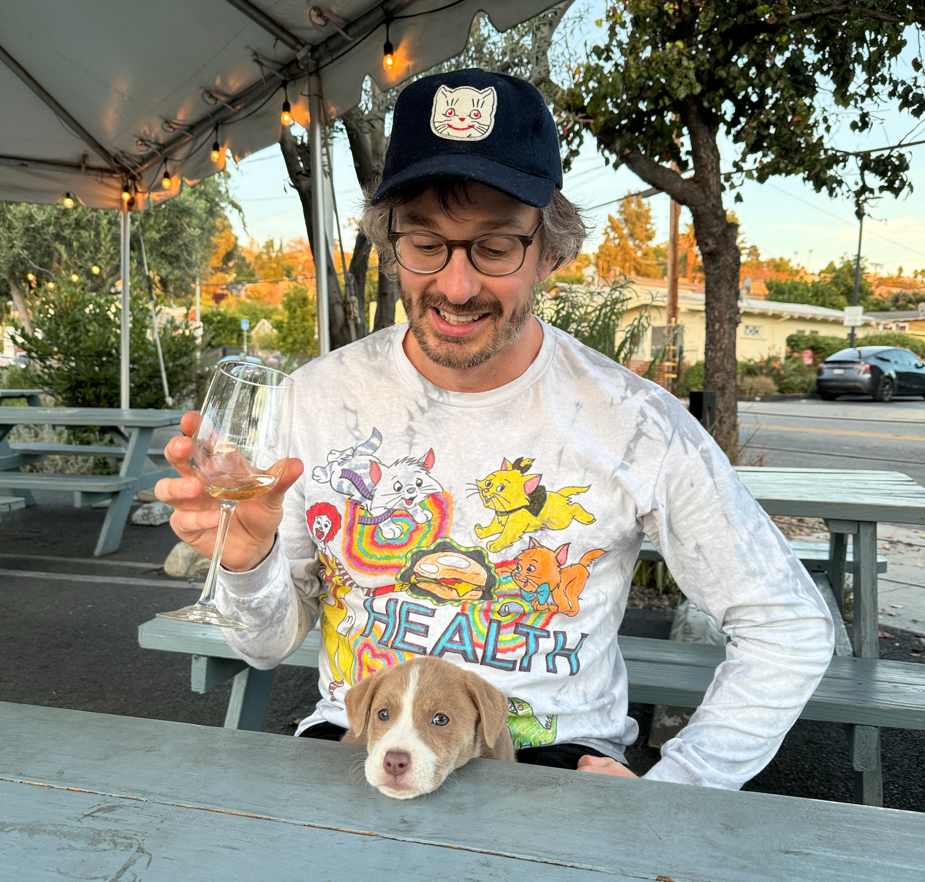 Me in a custom Jess top with cats all over it