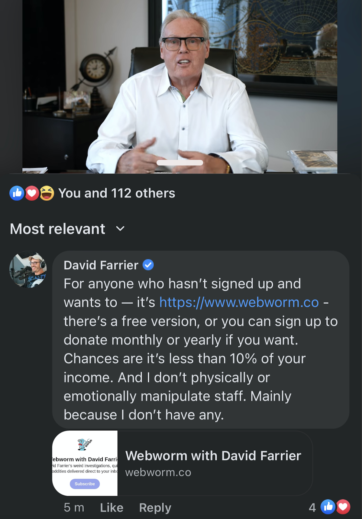 "For anyone that hasn't signed up and wants to" I typed under Mortlock's video