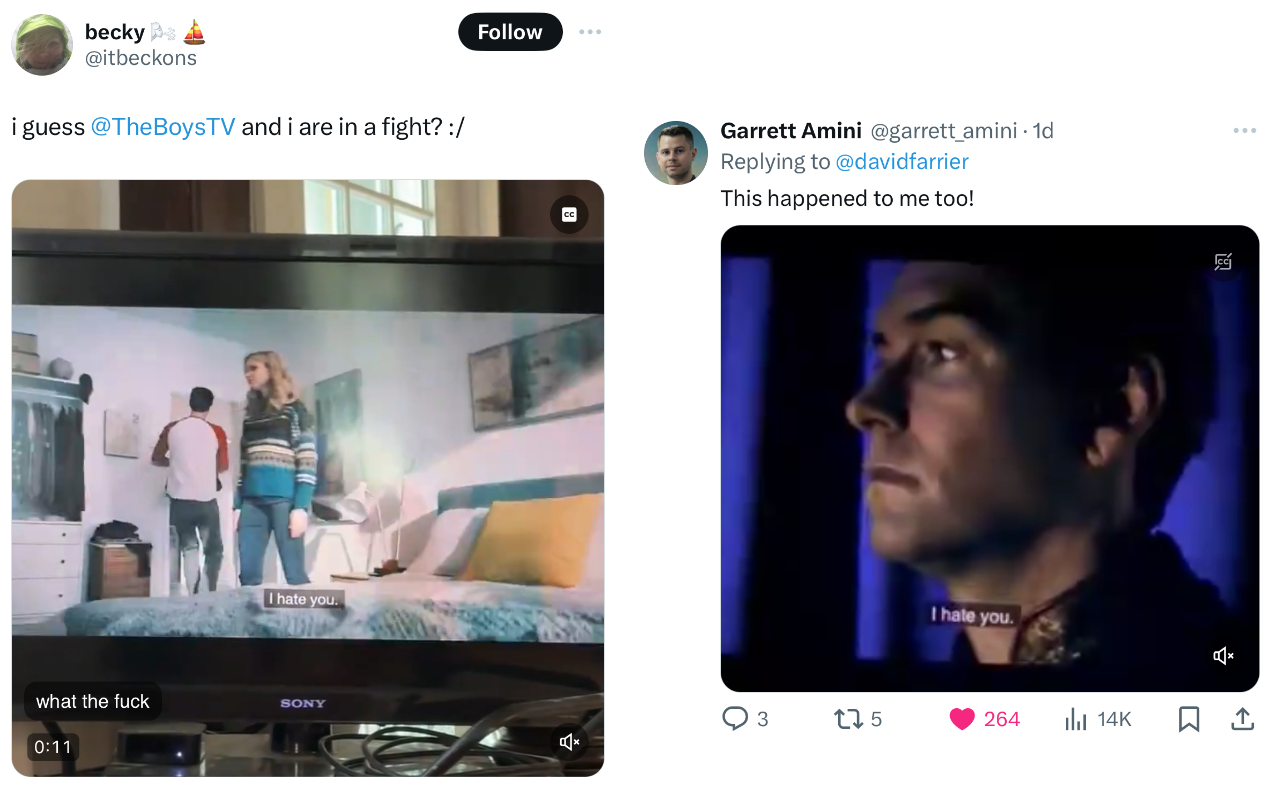 People posting The Boys with "I hate you" on screen.