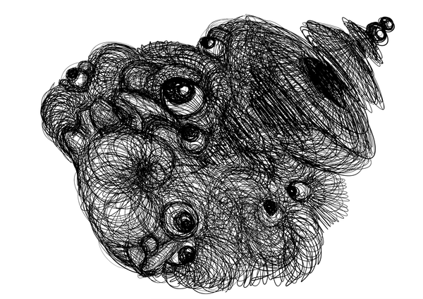 A swirling vortex of lines drawn in biro, with eyes emerging and staring