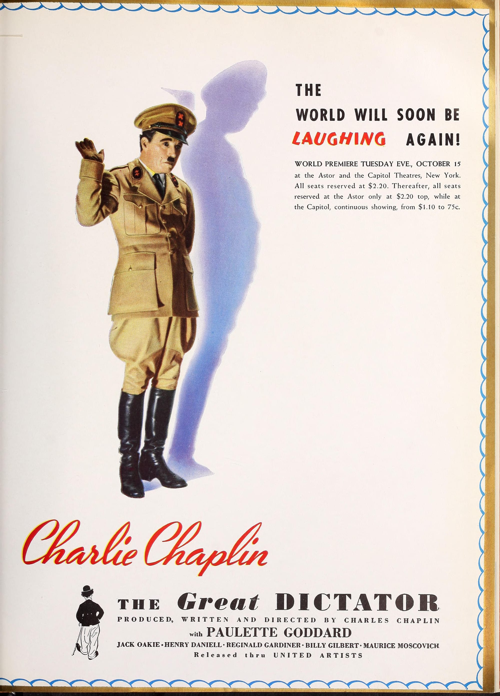 A trade advertisement for Chaplin's The Great Dictator, featuring an illustration of Chaplin as Adenoid Hynkel, promises that "the world will be laughing again."