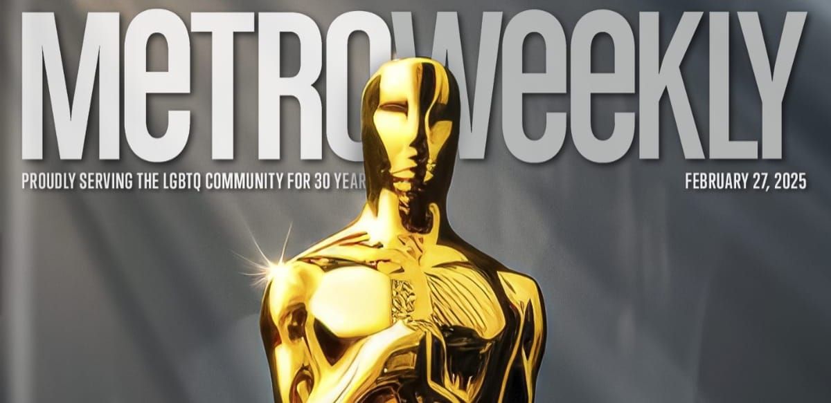 A close-up of the cover image of Metro Weekly, February 27, 2025. A gleaming, golden Oscars statuette against the masthead.
