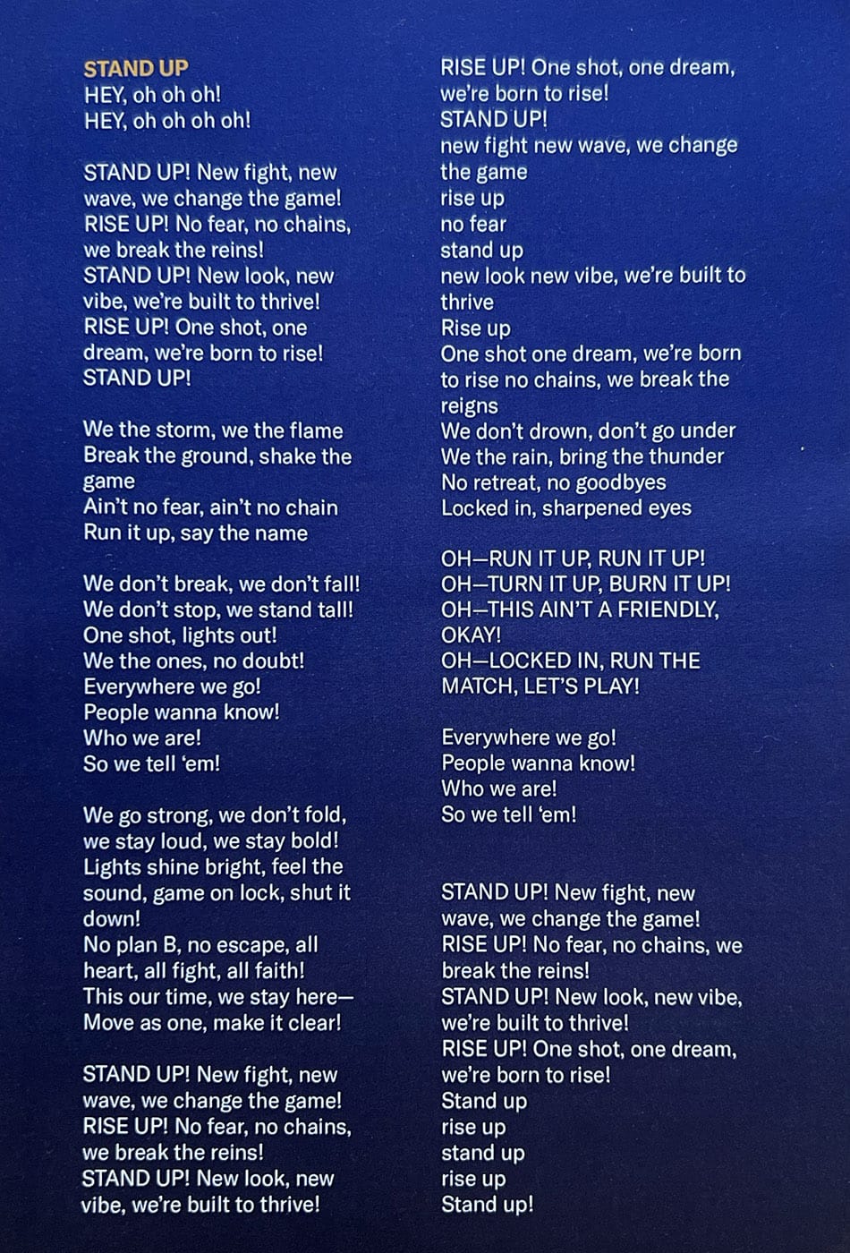 Screenshot of a very lengthy lyric sheet for "Stand Up".