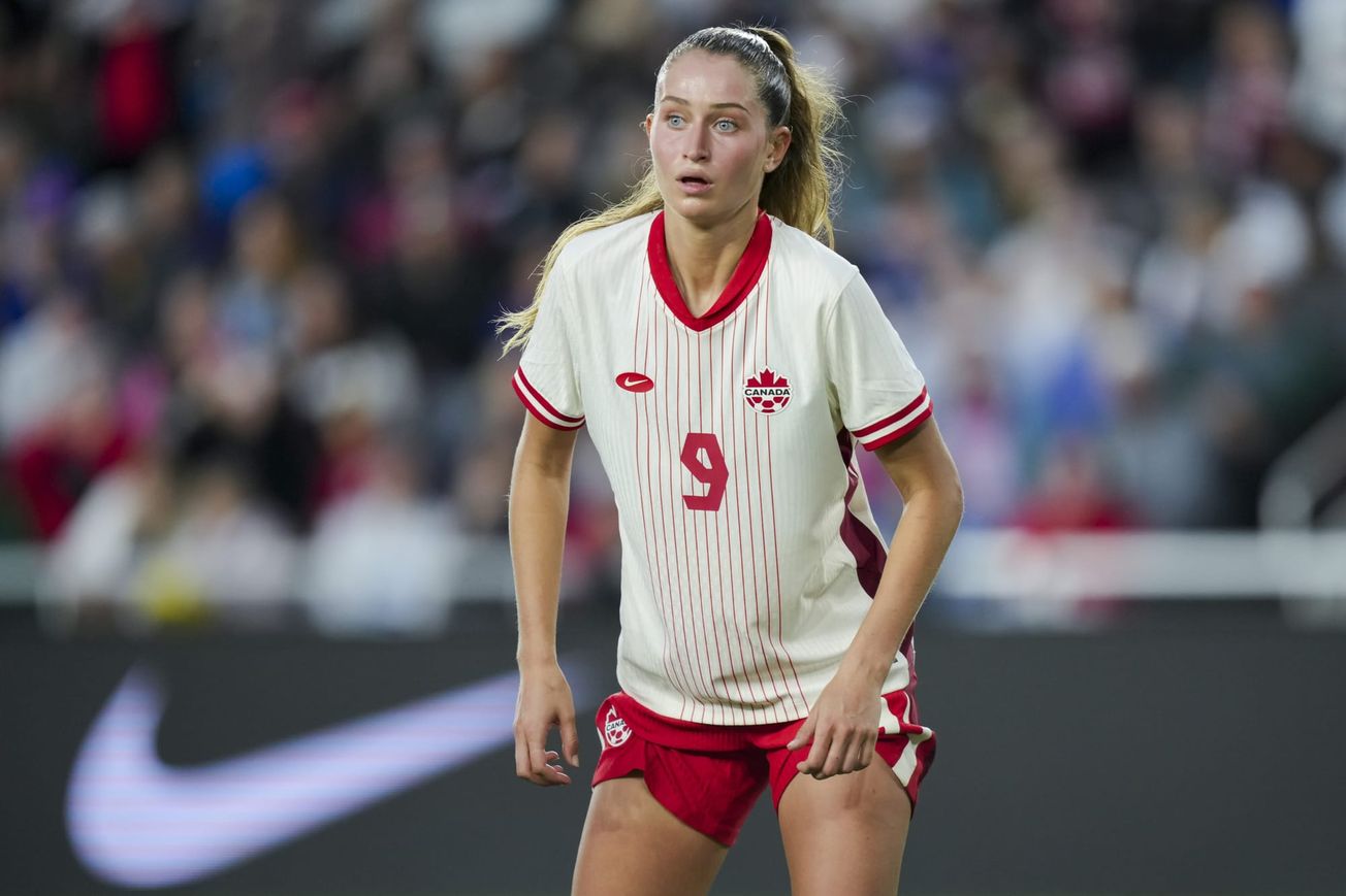Jordyn Huitema of Canada faces off against the USWNT in a SheBelieves Cup game on April 9, 2024.