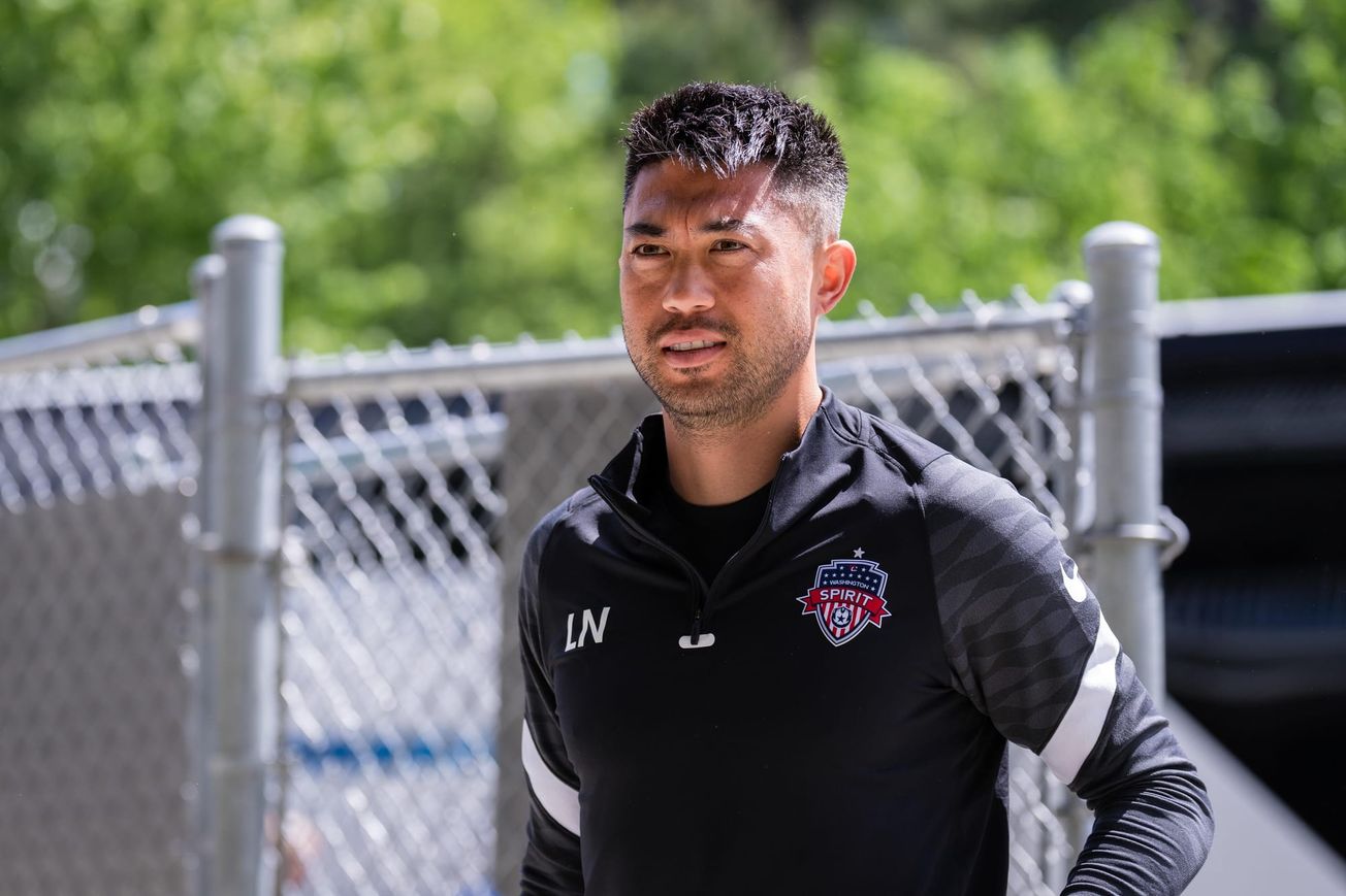 Lee Nguyen in a Washington Spirit training top from when he was an assistant coach with the club in 2022.
