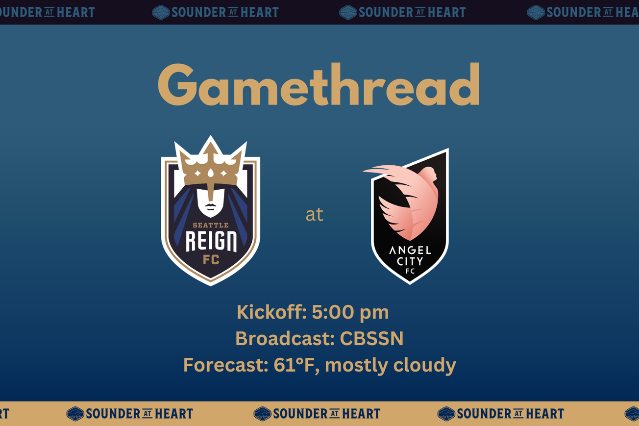 Reign at Angel City gamethread graphic with 5 pm kickoff time, CBSSN broadcast info and forecast of 61 degrees and mostly cloudy.