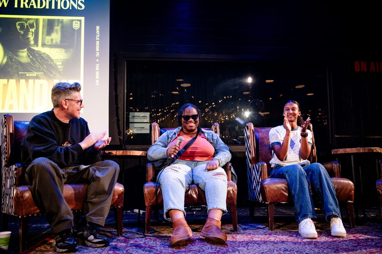 Filmmaker Jason Bergh, musician Brittany Davis and Reign defender Ryanne Brown at the anthem unveiling event.