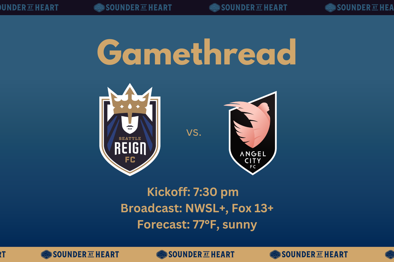 Gamethread graphic for Seattle Reign vs. Angel City, kickoff: 7:30 PM Pacific time, broadcast on NWSL+ and Fox13+, forecast 77°F and sunny