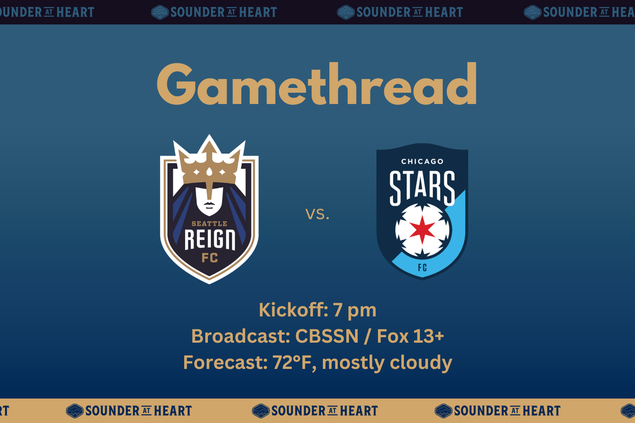 Reign vs. Chicago Stars game thread graphic, showing kickoff at 7 pm Pacific Time, broadcast on CBS Sports Network and Fox 13 plus, and a forecast of 72 degrees and mostly cloudy at kickoff. 