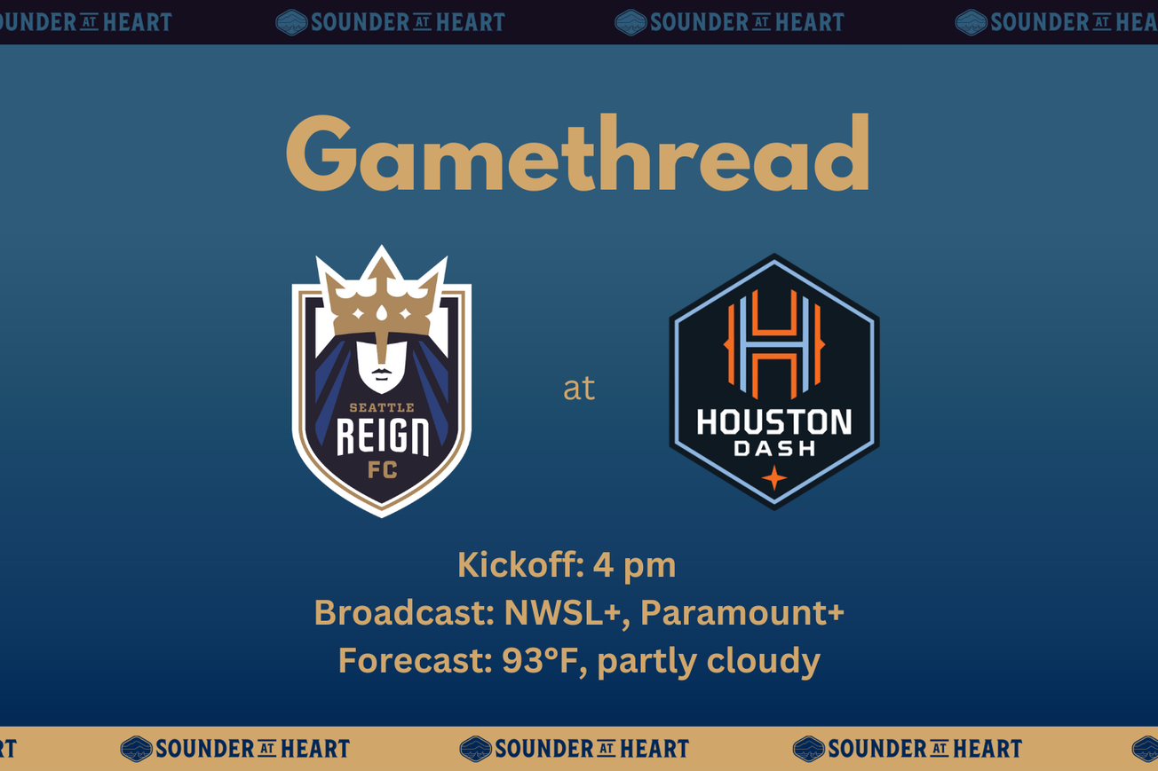 Gamethread graphic for Seattle Reign at Houston Dash, showing 4 PM Pacific kickoff on NWSL+ and Paramount+, with a forecast at kickoff of 93 degrees and partly cloudy.
