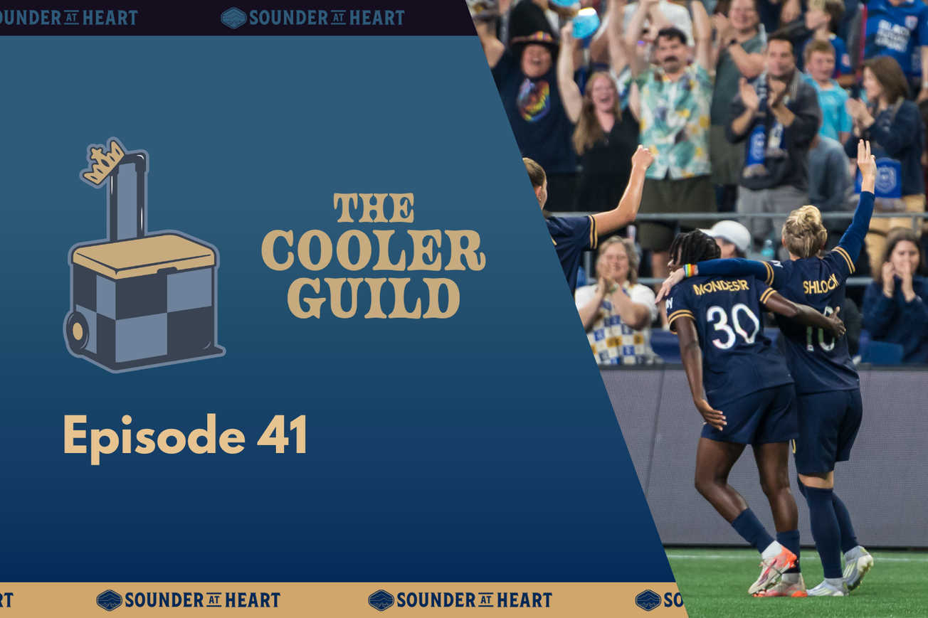 The Cooler Guild episode 41 title graphic, featuring a logo of a cooler combined with a photo of Jess Fishlock celebrating goal with her arm around Nérilia Mondésir. 