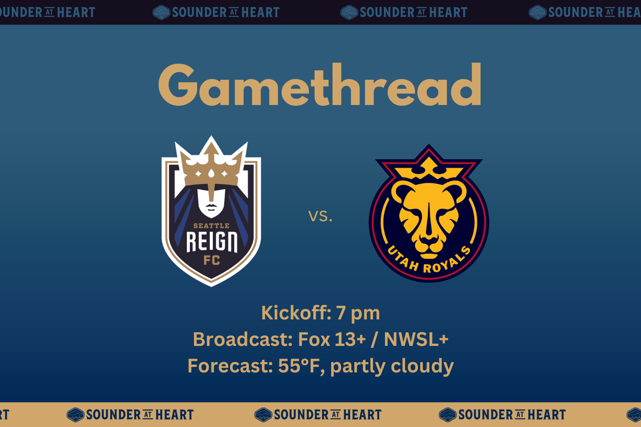 Graphic for Seattle Reign vs. Utah Royals, with kickoff at 7 PM Pacific Time, broadcast options of Fox 13+ or NWSL+, and a forecast at kickoff of 55 degrees Fahrenh and partly cloudy.