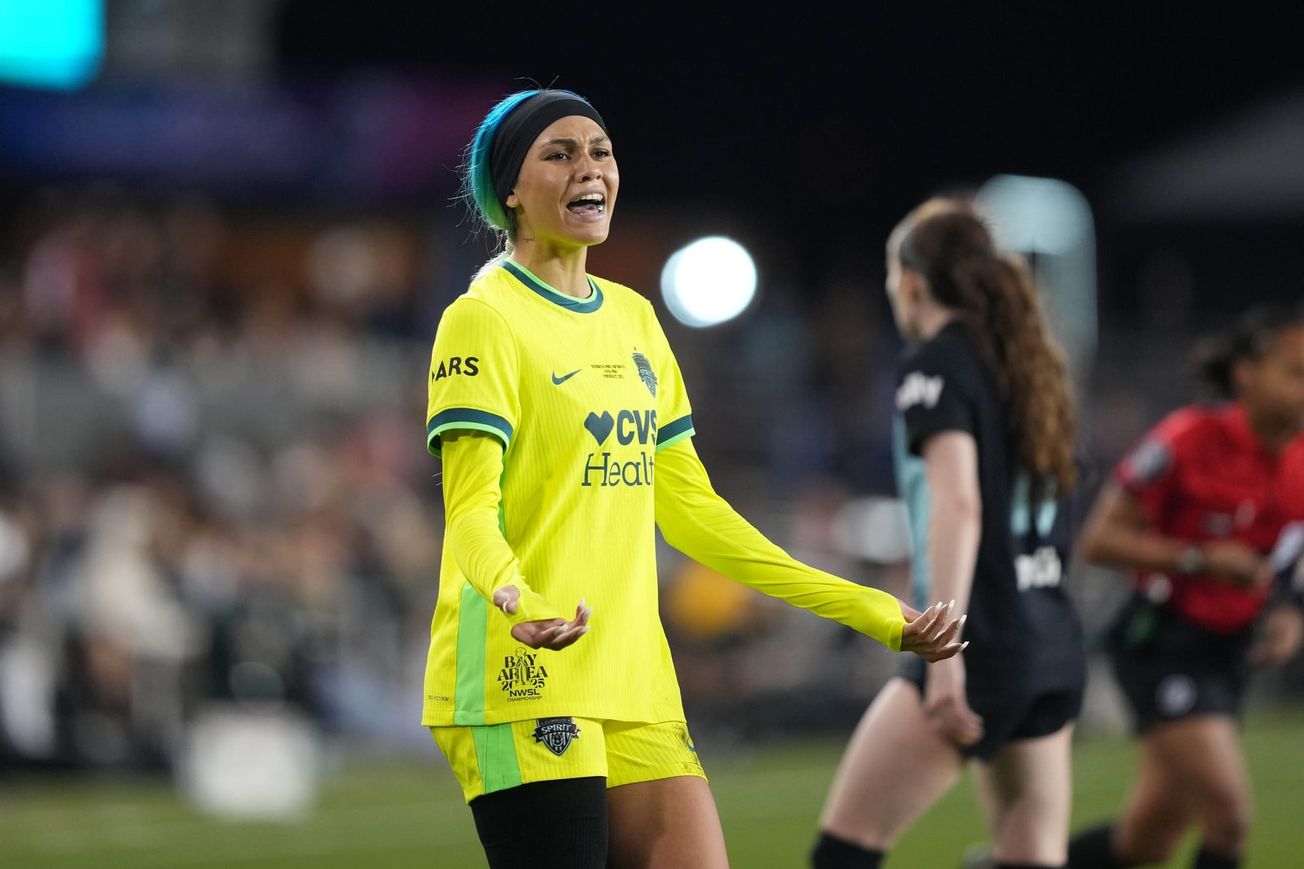Trinity Rodman gestures during a Washington Spirit game against Gotham FC.