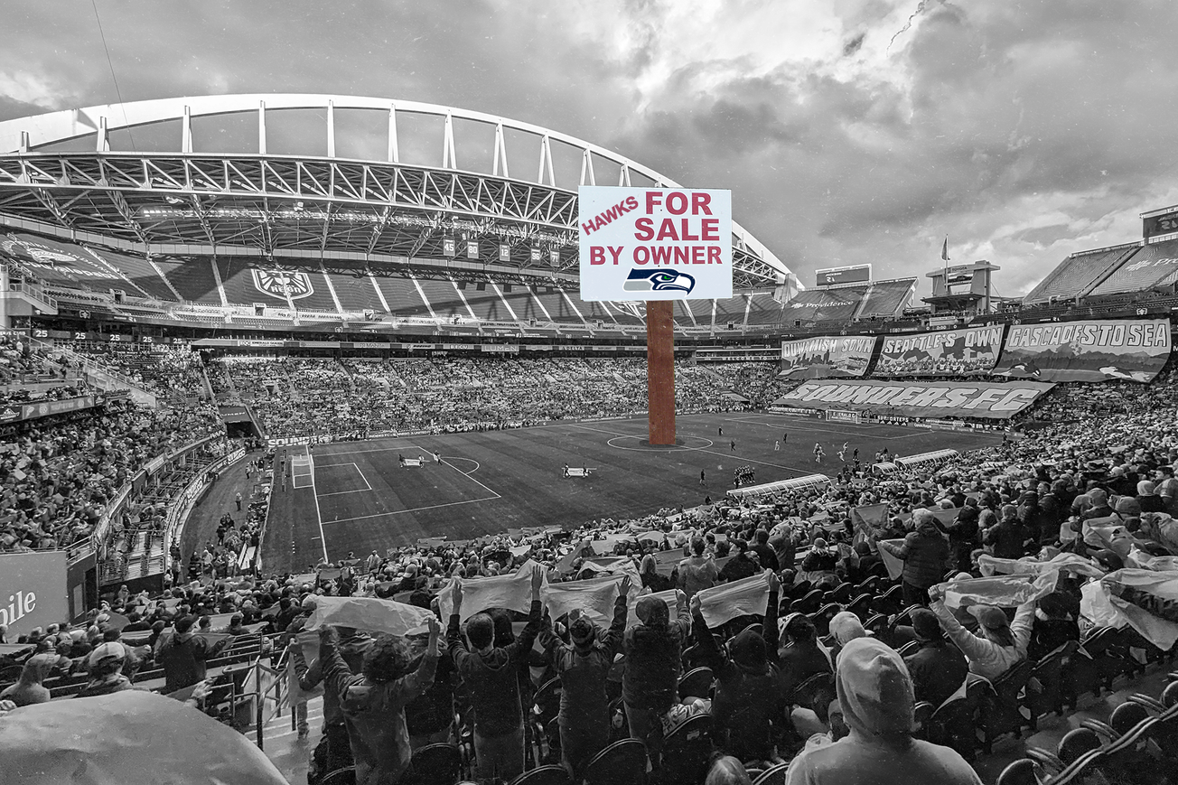 Photo of Lumen Field before a Seattle Sounders game, supporters displaying a Tifo; A giant "for sale by owner" sign photoshopped onto midfield with a Seattle Seahawks logo on 