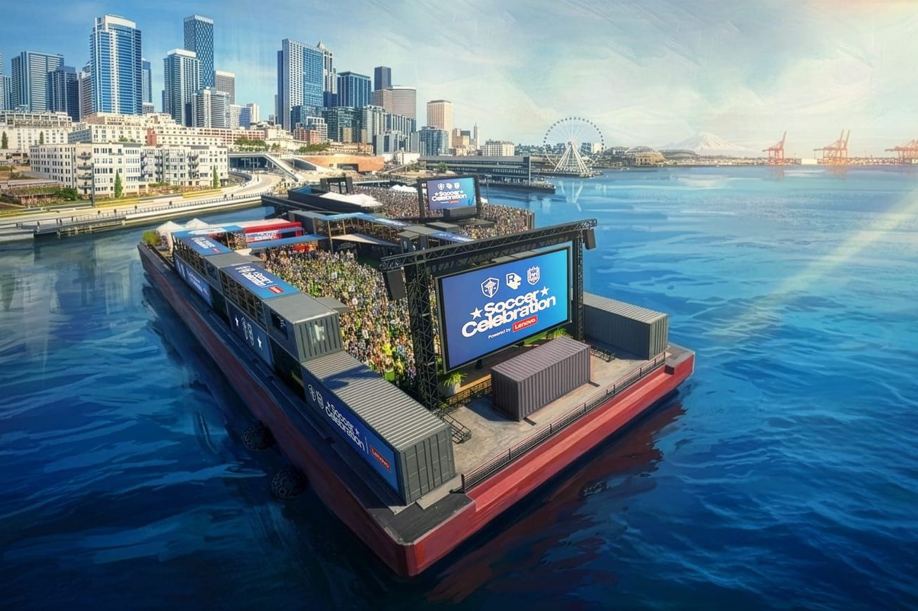 A rendering of Seattle Soccer Celebration, a floating pitch and event space on Elliott Bay.