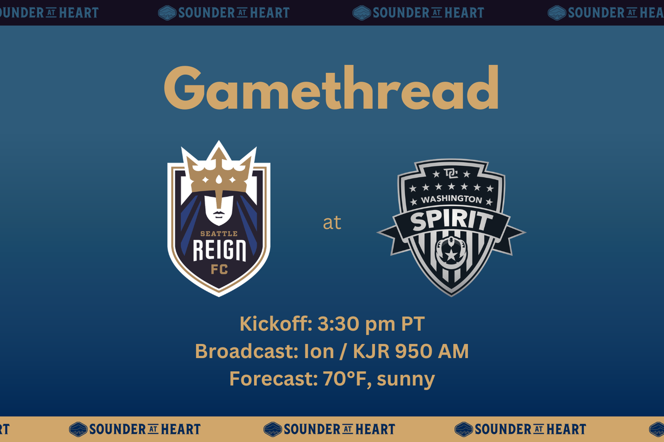 Reign at Spirit gamethread graphic. Kickoff at 3:30 PM Pacific time, broadcast on Ion TV and KJR 950 AM in Seattle, and a forecast of 70 degrees and sunny at kickoff.