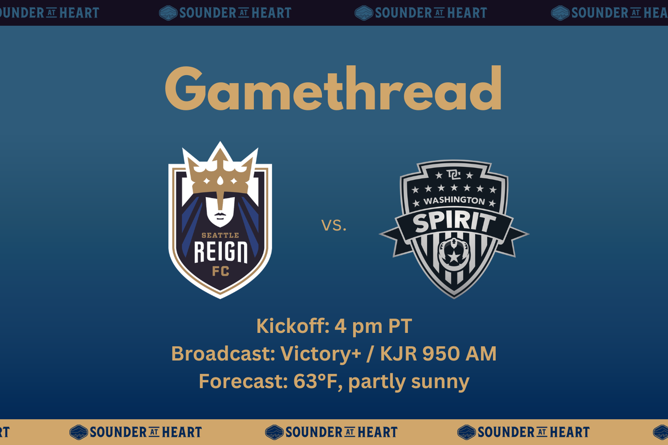 Reign vs. Spirit gamethread. Kickoff at 4 PM Pacific, broadcast on Victory Plus or KJR 950 AM radio, and a forecast of 63 degrees and partly sunny at kickoff.