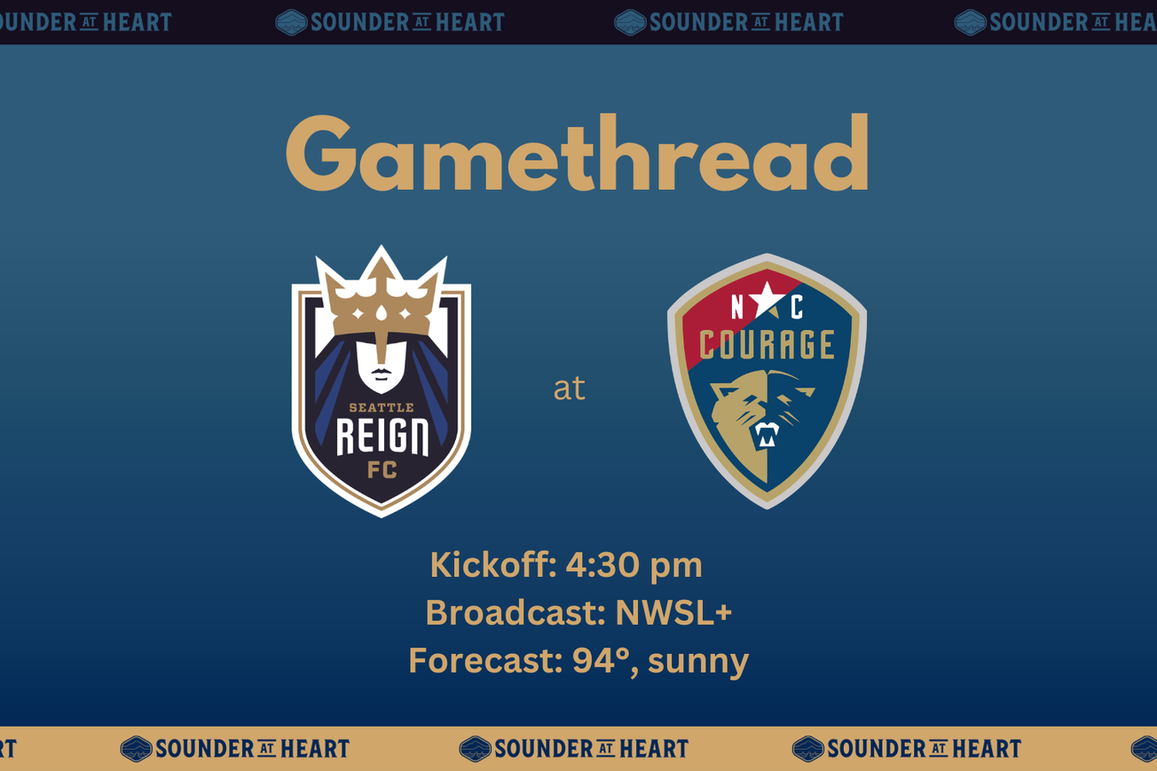 Reign at Courage gamethread graphic. Kickoff at 4:30 PM Pacific time, broadcast on NWSL+, and a forecast at kickoff of 94 degrees and sunny.
