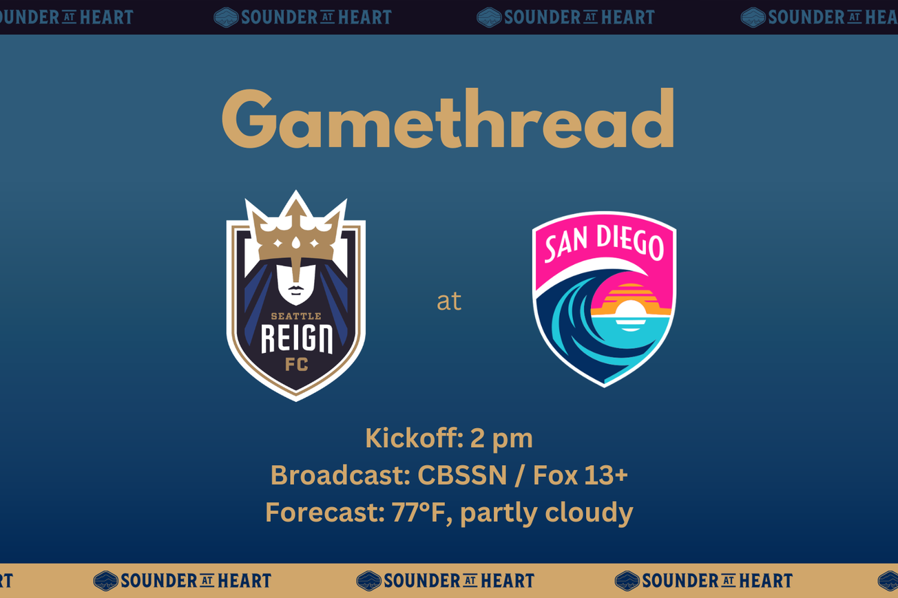 Reign at SD Wave gamethread graphic. Kickoff at 2 PM Pacific, broadcast on CBS Sports Network nationally and Fox 13+ locally, and a forecast at kickoff of 77 degrees and partly cloudy.