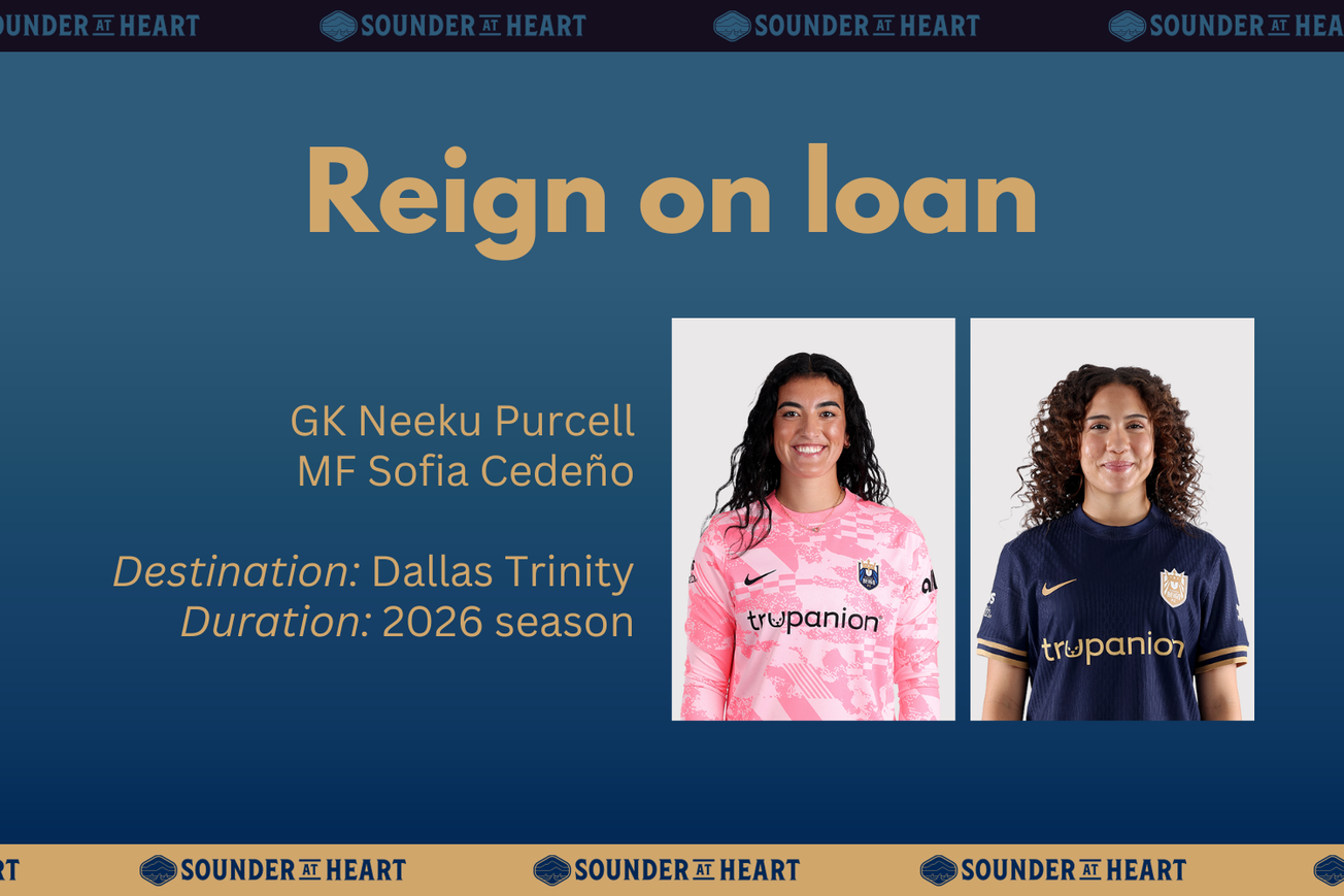 Reign on loan graphic, listing Neeku Purcell and Sofia Cedeño, with their destination Dallas Trinity for the rest of the 2026 season.
