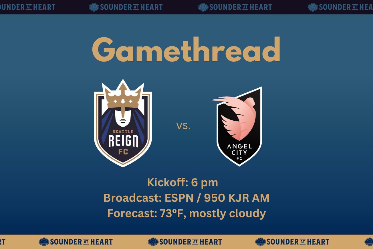 Reign vs Angel City gamethread graphic. Kickoff at 6 PM Pacific, broadcast on ESPN and 950 KJR AM, and a kickoff forecast of 73 degrees F and mostly cloudy.