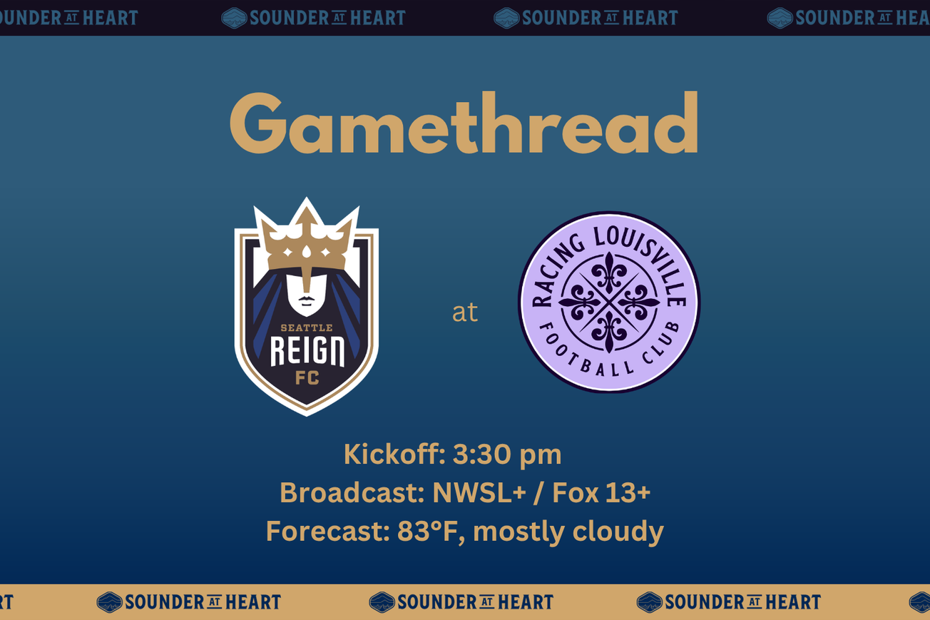 Reign at Racing Louisville gamethread graphic. Kickoff at 3:30 PM Pacific time, broadcast on NWSL+ and Fox 13+, and a kickoff forecast of 83 degrees and mostly cloudy.