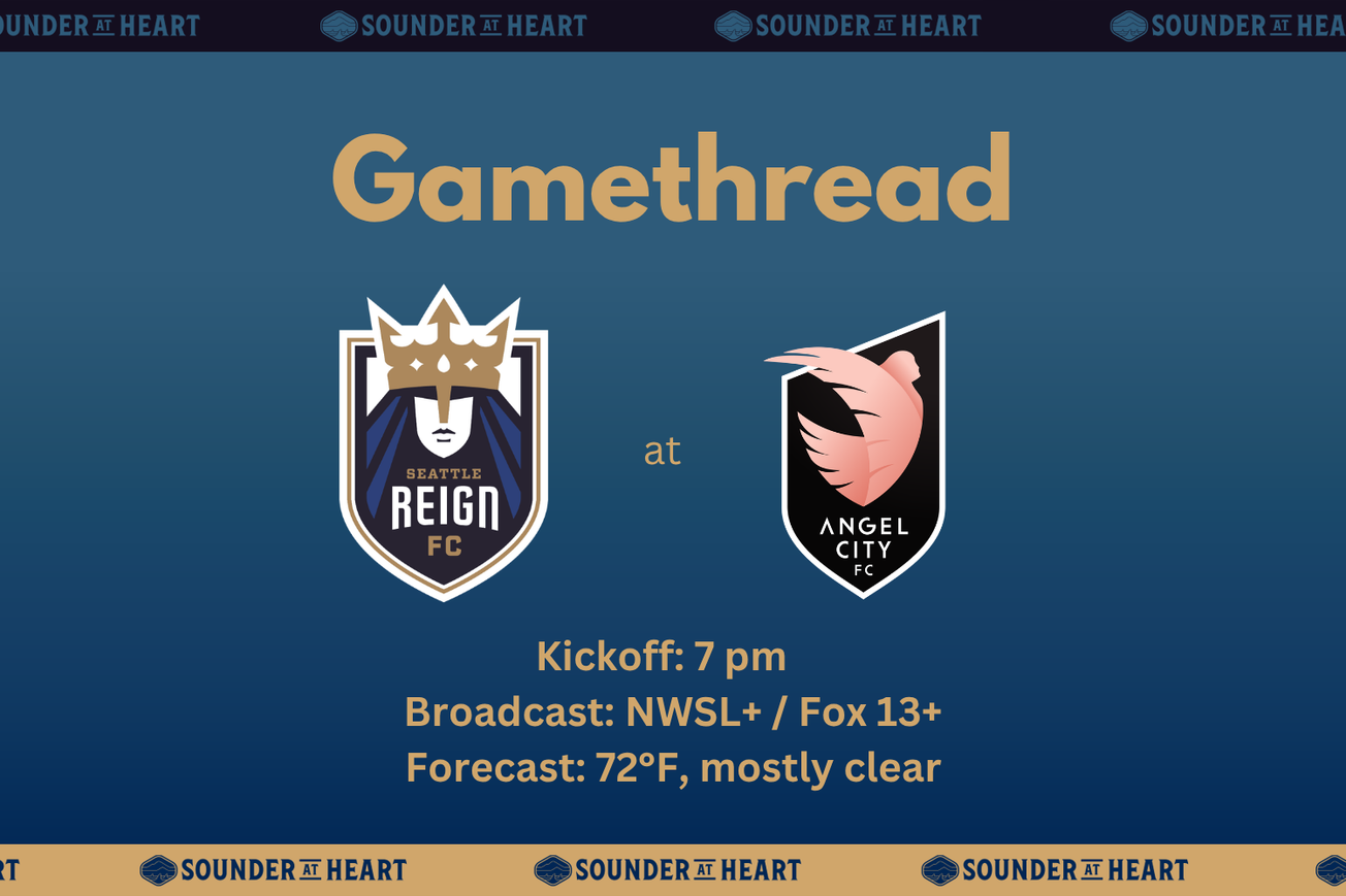 Reign at Angel City FC gamethread graphic. Kickoff at 7 pm, broadcast on NWSL+ and Fox 13+, and a kickoff forecast of 72 degrees and mostly clear.