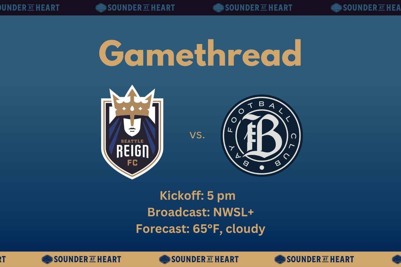 Reign vs Bay FC gamethread graphic. Kickoff at 5 PM Pacific, broadcast on NWSL+, and a kickoff forecast of 65 degrees and cloudy.