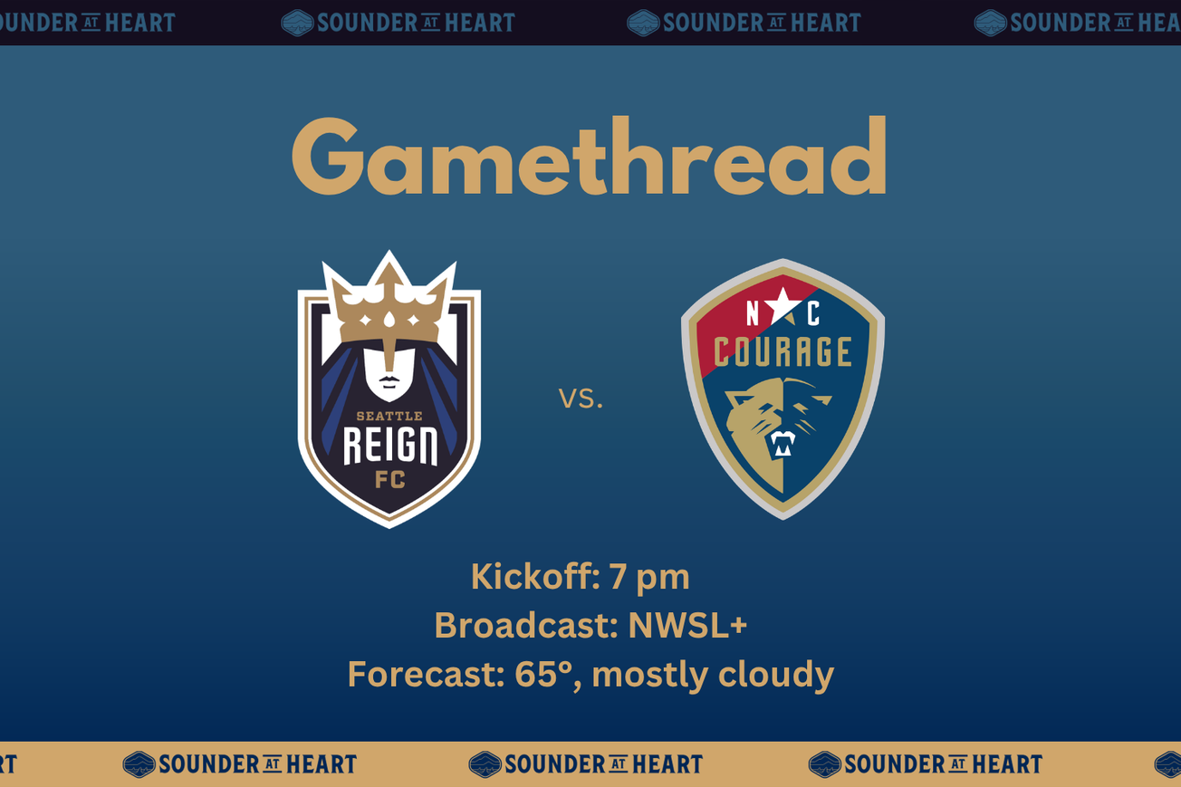 Reign vs Courage gamethread graphic. Kickoff at 7 PM Pacific, broadcast on NWSL+, and kickoff forecast of 65 degrees and mostly cloudy