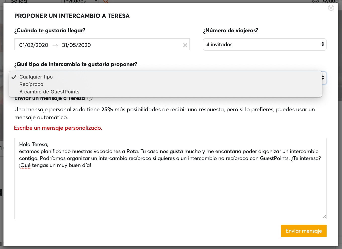 Mensaje HomeExchange
