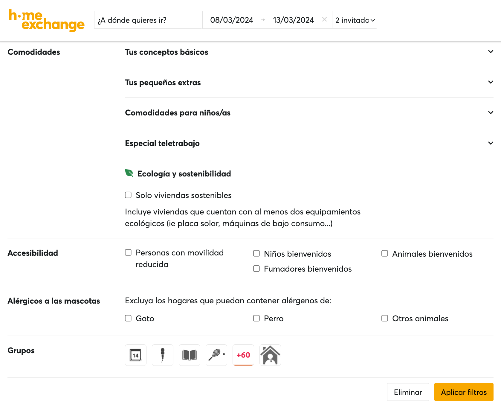 El filtro de búsqueda de Grupos de HomeExchange