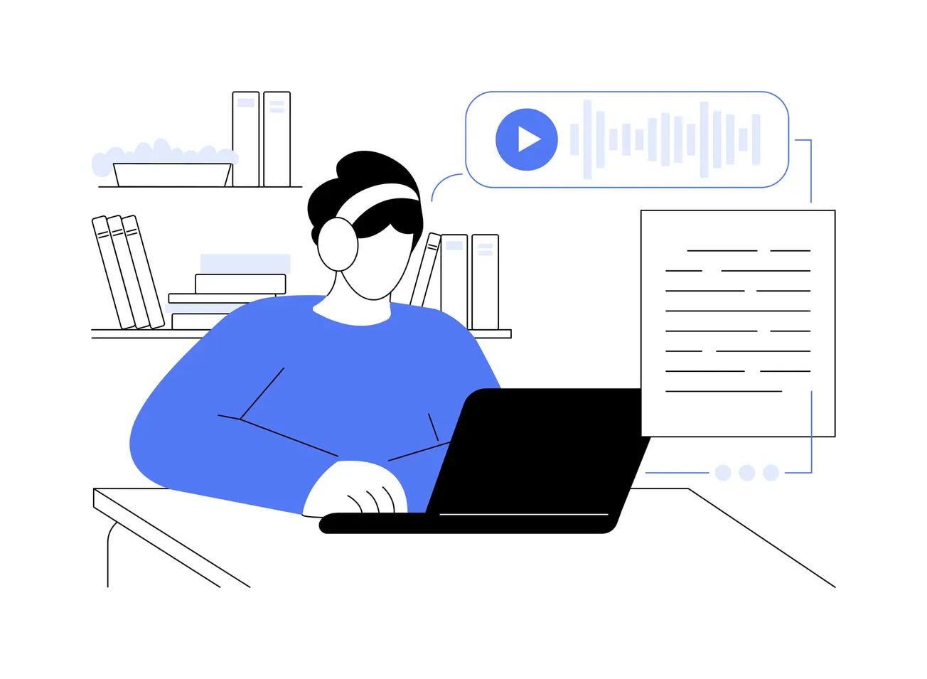 Person wearing headphones using laptop, transcribing audio to text with digital tools. Online learning and content creation concept.