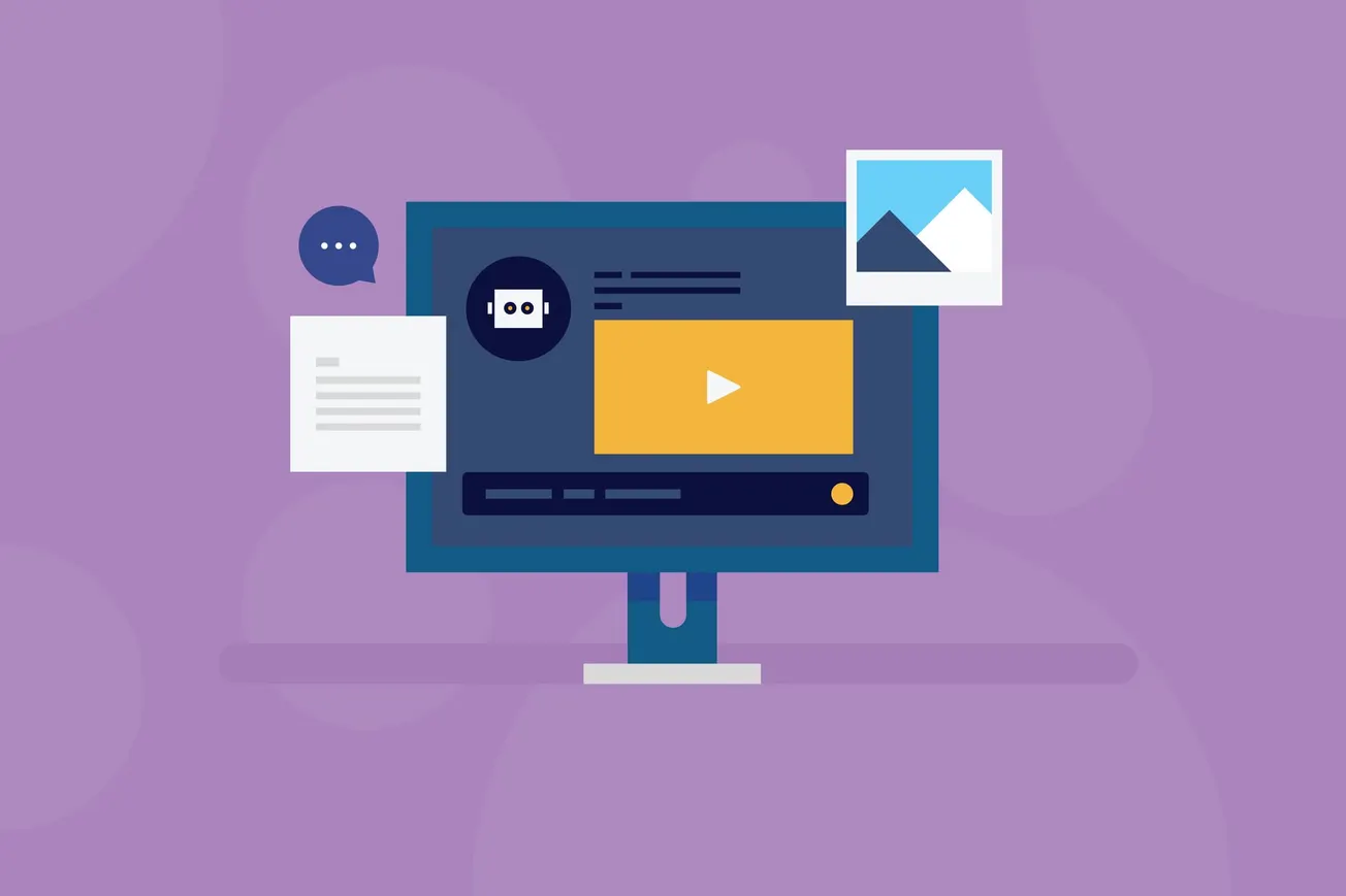 Illustration of computer screen with video player, chat, and image icons – Online media content creation and digital communication concept.