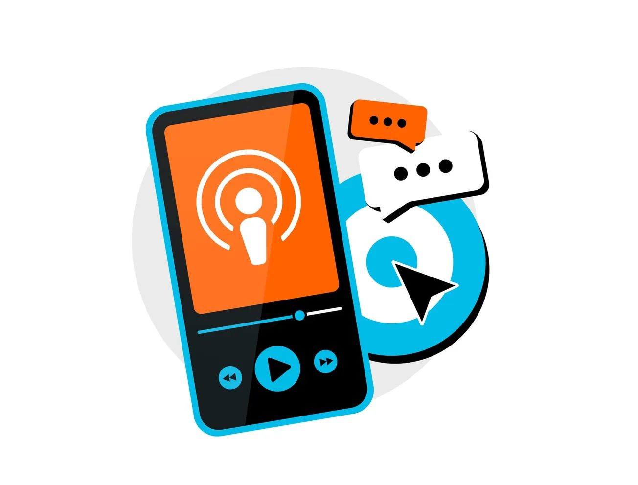 Podcast app interface on smartphone with play controls and chat icons – Digital audio streaming and listener engagement concept.