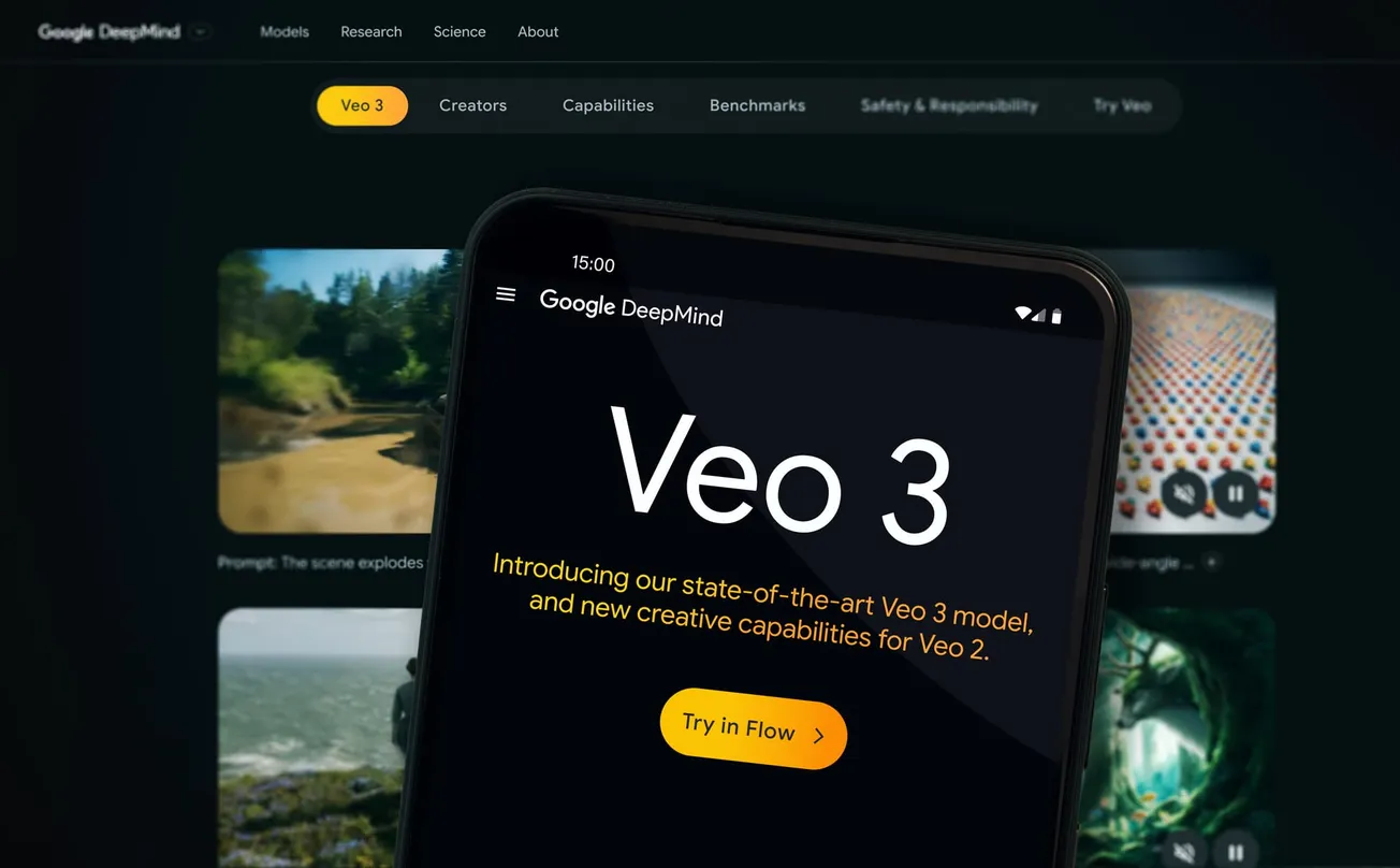 Google DeepMind Veo 3 interface on smartphone screen – Advanced AI model for creative and video generation capabilities.