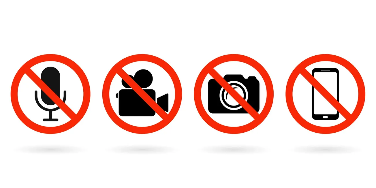 No recording, filming, photography, or mobile phone use signs – Prohibited media and device usage symbols.