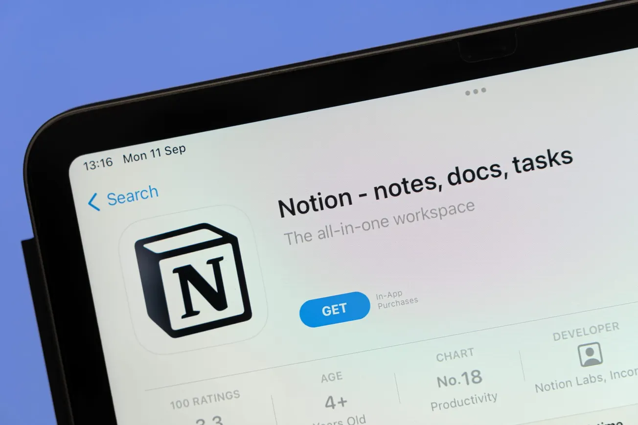 Notion app download page on tablet screen – Productivity software for notes, documents, and task management.