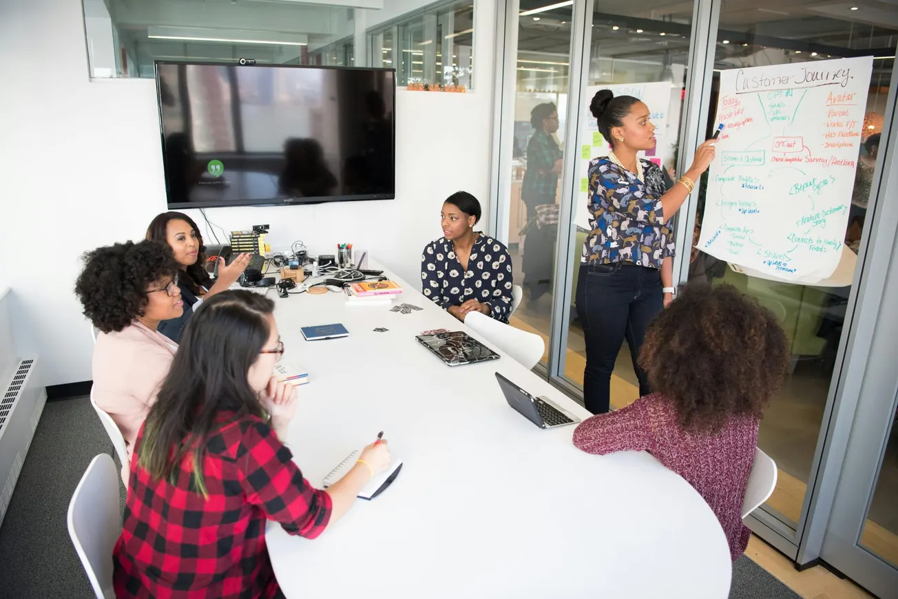 A group of six women are in a bright conference room. One stands, pointing to a "Customer Journey" chart, engaging others who are seated.