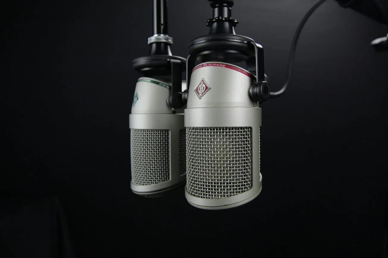 Two professional silver microphones with metallic mesh are suspended against a dark background.