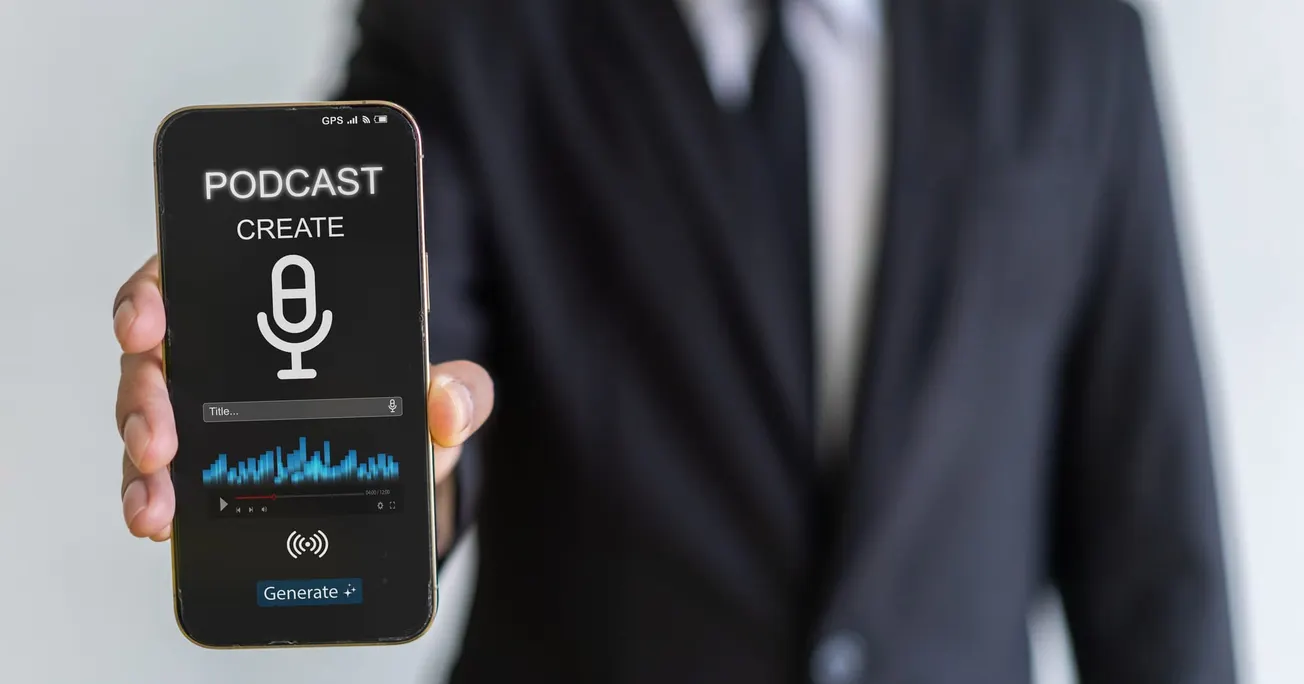 A person in a suit holds a smartphone displaying a podcast creation app with a microphone icon and audio waveforms.