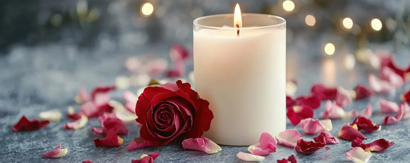A lit white candle and a red rose are surrounded by scattered petals on a textured surface. 