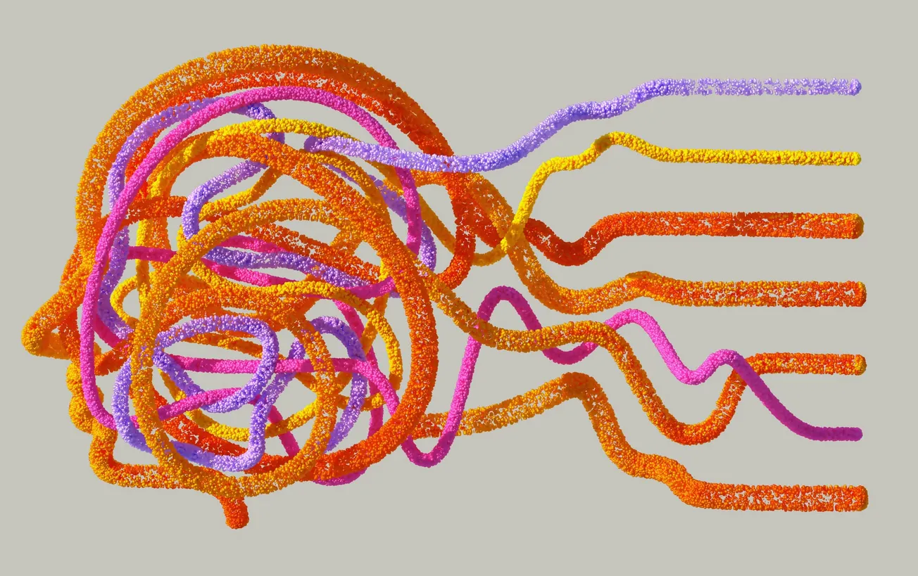 Colorful, abstract illustration of a human head profile made of intertwined textured threads in orange, purple, pink, and yellow on a gray background.