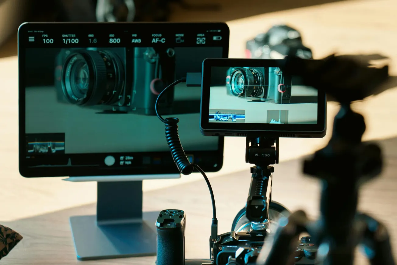 A camera setup shows a DSLR focused on a monitor displaying the camera's viewfinder.