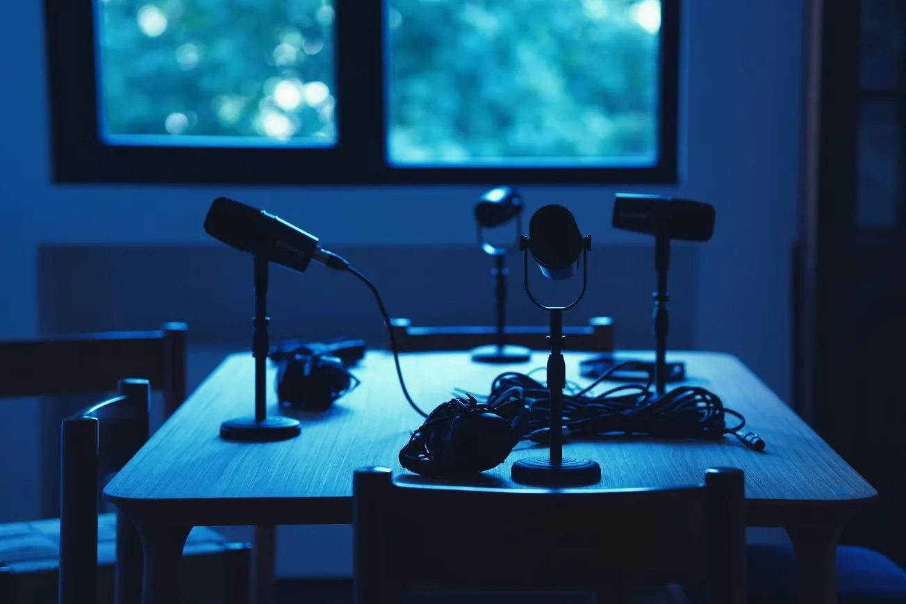 A dimly lit podcast studio featuring four microphones on stands around a wooden table, with headphones and cables.