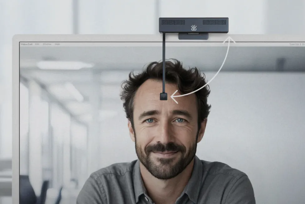 Smiling man on a screen with a small device suspended by a cable over his forehead, illustrating eye-tracking technology in an office setting.