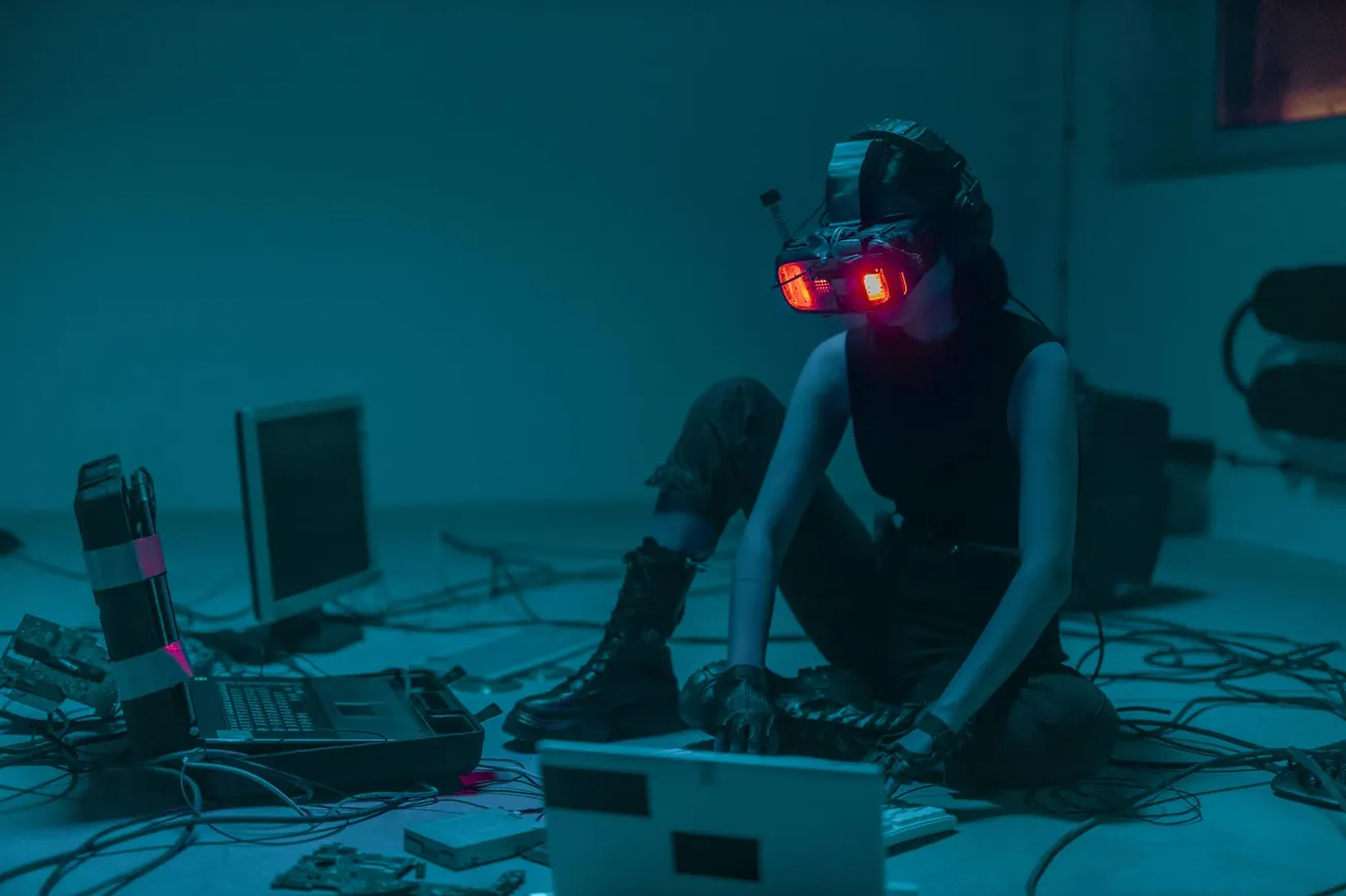 A person wearing glowing, red-lensed goggles sits on the floor in a dimly lit room, surrounded by multiple laptops and tangled wires, conveying a futuristic, cyberpunk vibe.