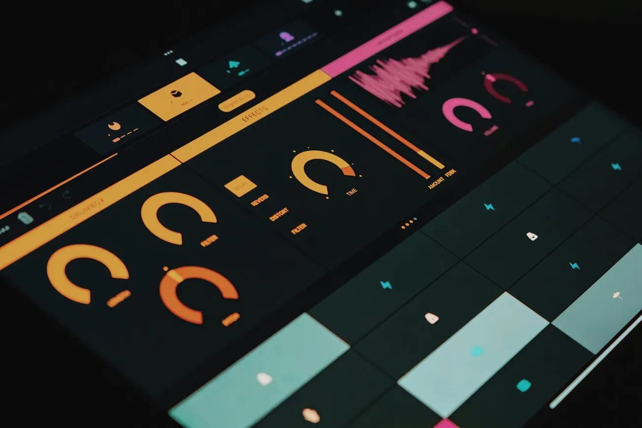 A digital audio interface displayed on a screen features vibrant controls, waveforms, and dials in orange and pink tones, conveying a modern, dynamic ambiance.